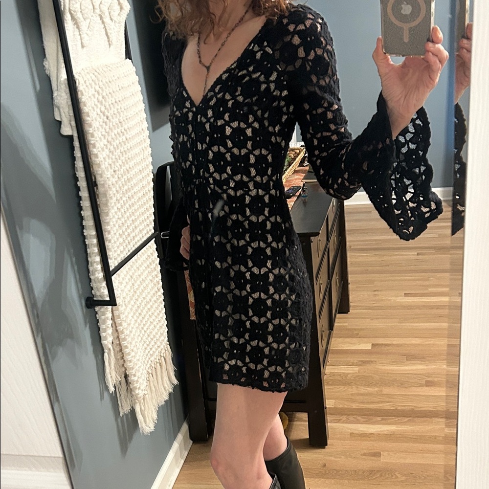 Free People Black Crochet Long Sleeve Dress